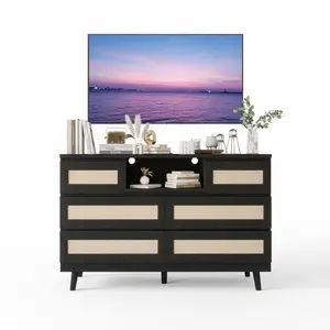 Garvee - Natural Wood Rattan Dresser with 6 Drawers and Built-in Charging Station, Modern Dresser for Farmhouse Bedroom with LED Lighting for Nursery, Living Room, and Entryway