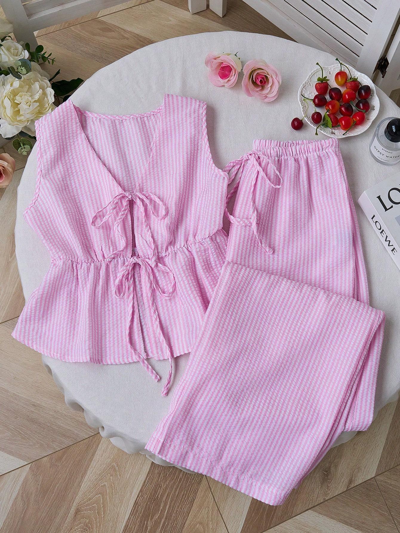 Women's 2 Piece Striped Lounge Set with Pockets Sleeveless Tie Front V Neck Wide Leg Pants Soft Summer Casual Pajamas Loungewear