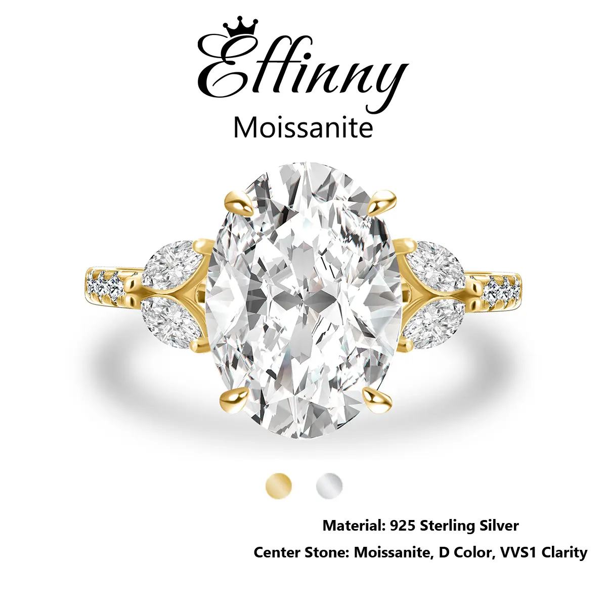 Effinny 4.0 Carat 14K Yellow Gold Plated Excellent Oval Cut & Angled Marquise Five Stone Synthetic Moissanite Engagement Ring, D Color VVS1 Promise 925 Sterling Silver Jewelry for Women, Wedding, Female