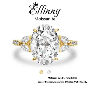 Effinny 4.0 Carat 14K Yellow Gold Plated Excellent Oval Cut & Angled Marquise Five Stone Synthetic Moissanite Engagement Ring, D Color VVS1 Promise 925 Sterling Silver Jewelry for Women, Wedding