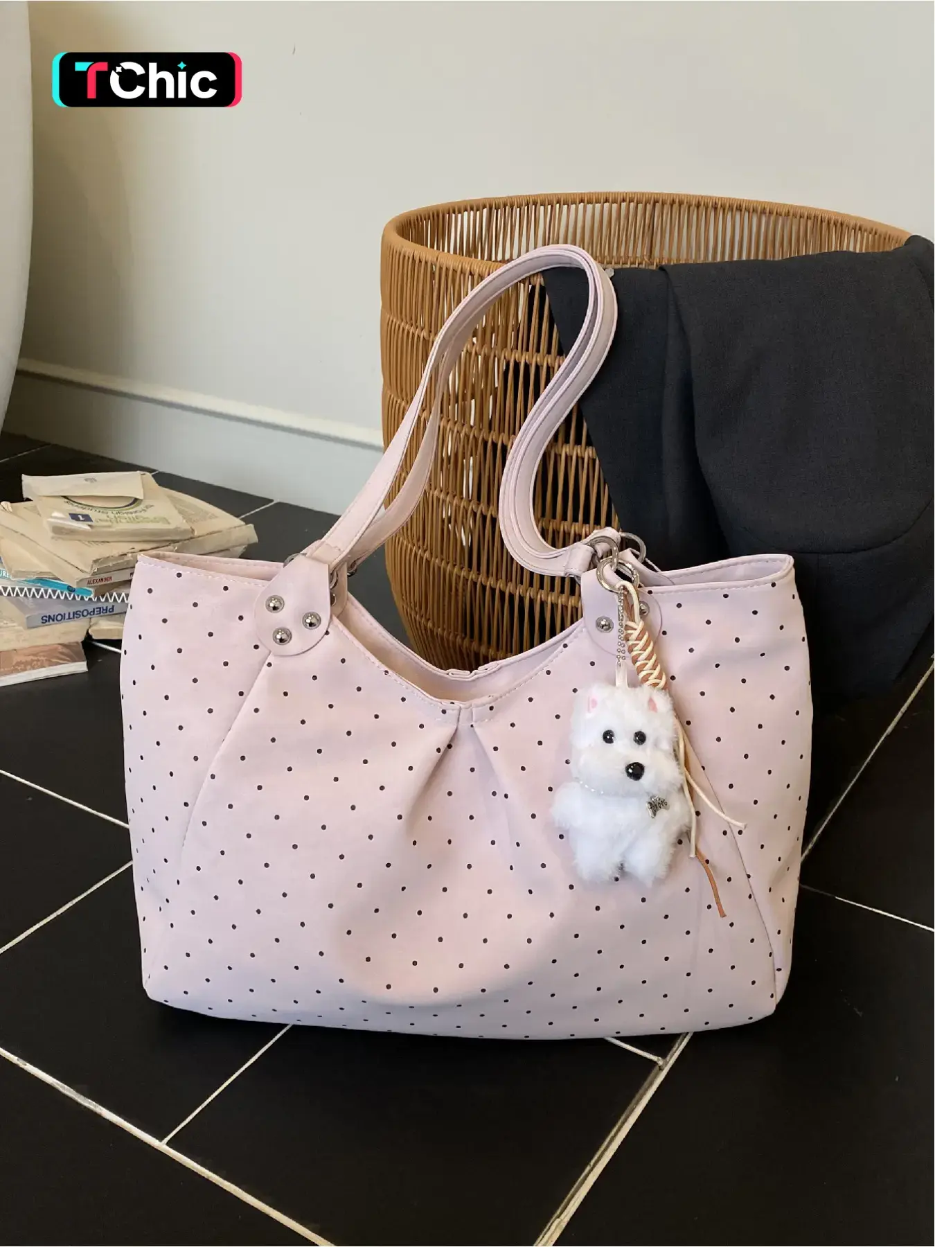 Large capacity polka dot design tote bag, pleated sweet girl style shoulder bag, metal rivet with puppy hanging decoration, stylish and versatile armpit bag, daily work shopping commuting bag, Commuter tote bag, Stylish tote bags, Fashionable shopping bag