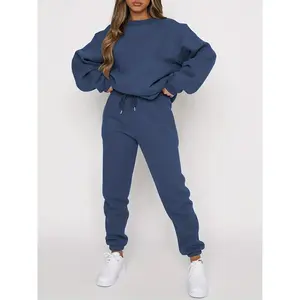 Two-piece Solid Casual Set: Crew Neck Long Sleeve Top & Drawstring Jogger Pants Outfit Women  Clothing Suits Knit Pocket Womenswear Collar Polyester Spandex Comfort Women's Ribbed Crop Tank and Shorts Set Summer Sleeve Hoodie Sweatpants Set sporty yoga