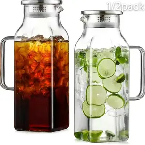 Viral Trending Food Grade 1/2 Pack 2 Liters/68 oz Square Thickened High Borosilicate Glass Pitcher with Leak Proof Lid & Handle, BPA Free Dishwasher Safe Heat Resistant Water Jug for Fridge, Iced Tea Coffee Hot Cold Drinks Milk, Home Kitchen Gifting Use