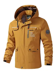 Men's Outdoor Hooded Jacket, Waterproof Windproof Coat with Plaid Lining, Multiple Pockets, Embroidered Letters, Casual & Hiking Wear, Windproof Outerwear