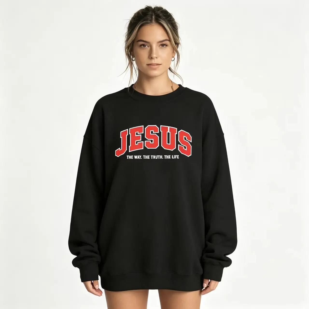 Everyday Black Crewneck Sweatshirt with "JESUS - The Way. The Truth. The Life" Print Hoodie Womenswear