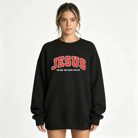 Everyday Black Crewneck Sweatshirt with "JESUS - The Way. The Truth. The Life" Print Hoodie Womenswear