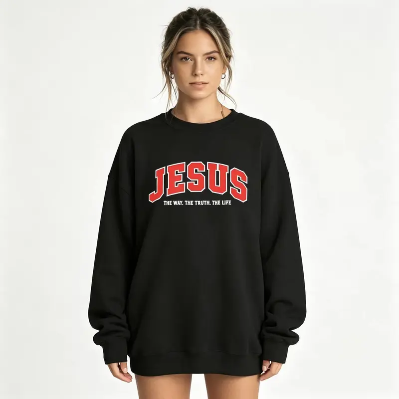 Everyday Black Crewneck Sweatshirt with "JESUS - The Way. The Truth. The Life" Print Hoodie Womenswear