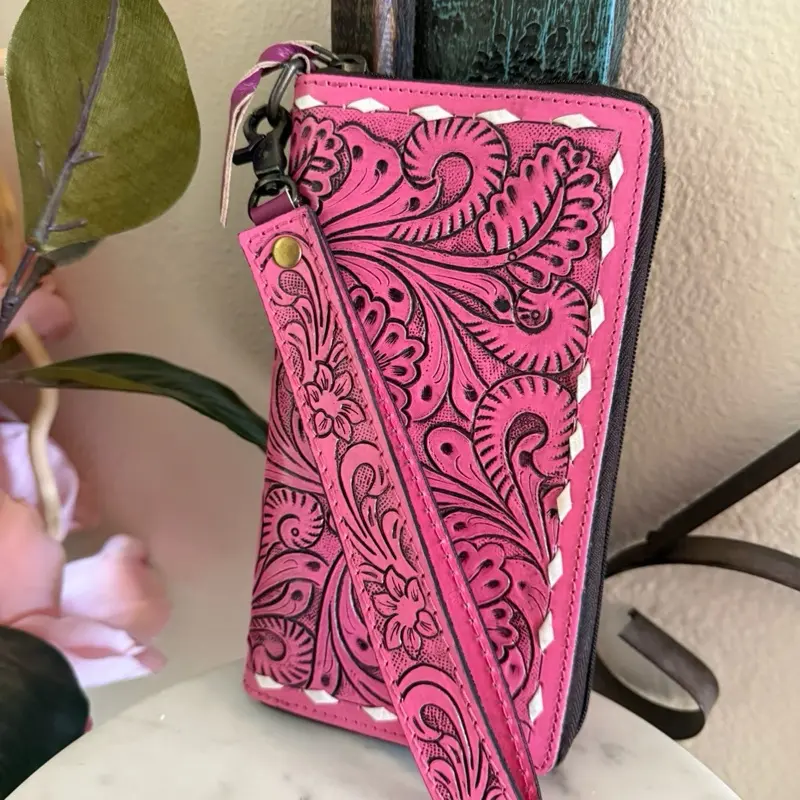 Women's Rodeo Western Tooled Leather Long zip Wallet, Purses for Women, Pink Female Wallet