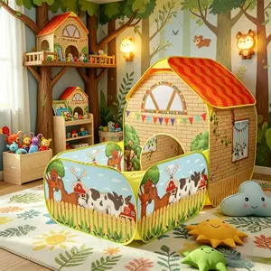 Kids' Garden Farm Villa Tent with Ball Pit, Large Portable Foldable Yellow Playhouse, Pop-Up Castle Tent, Toddler Tent, Outdoor Party & Beach Toy, Outdoor Play Equipment, Holiday Gift, No Accessories, Lights or Balls