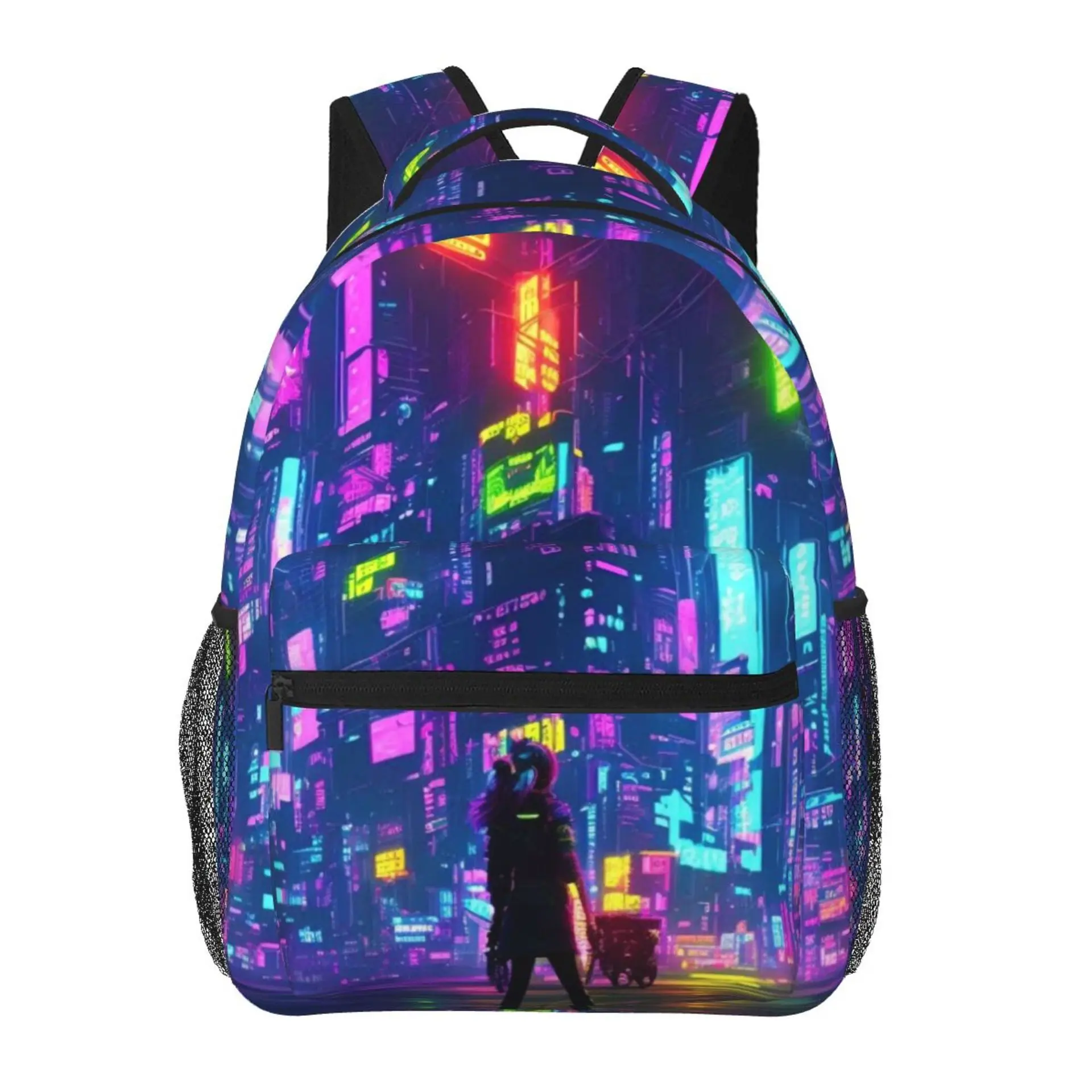 Cyberpunk Neon City Print Backpack – Futuristic Urban Landscape School/Casual Daypack