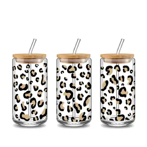 Vintage Leopard Pattern Design 16oz Covered Straw Glass Drinking Cup, Reusable Glass Drinking Cup, High-Quality Glass Jar Design, Suitable for Iced Coffee, Beer, Juice, Fashionable Glassware. Perfect Gift for Coffee Lover, Mom, Family and Friends