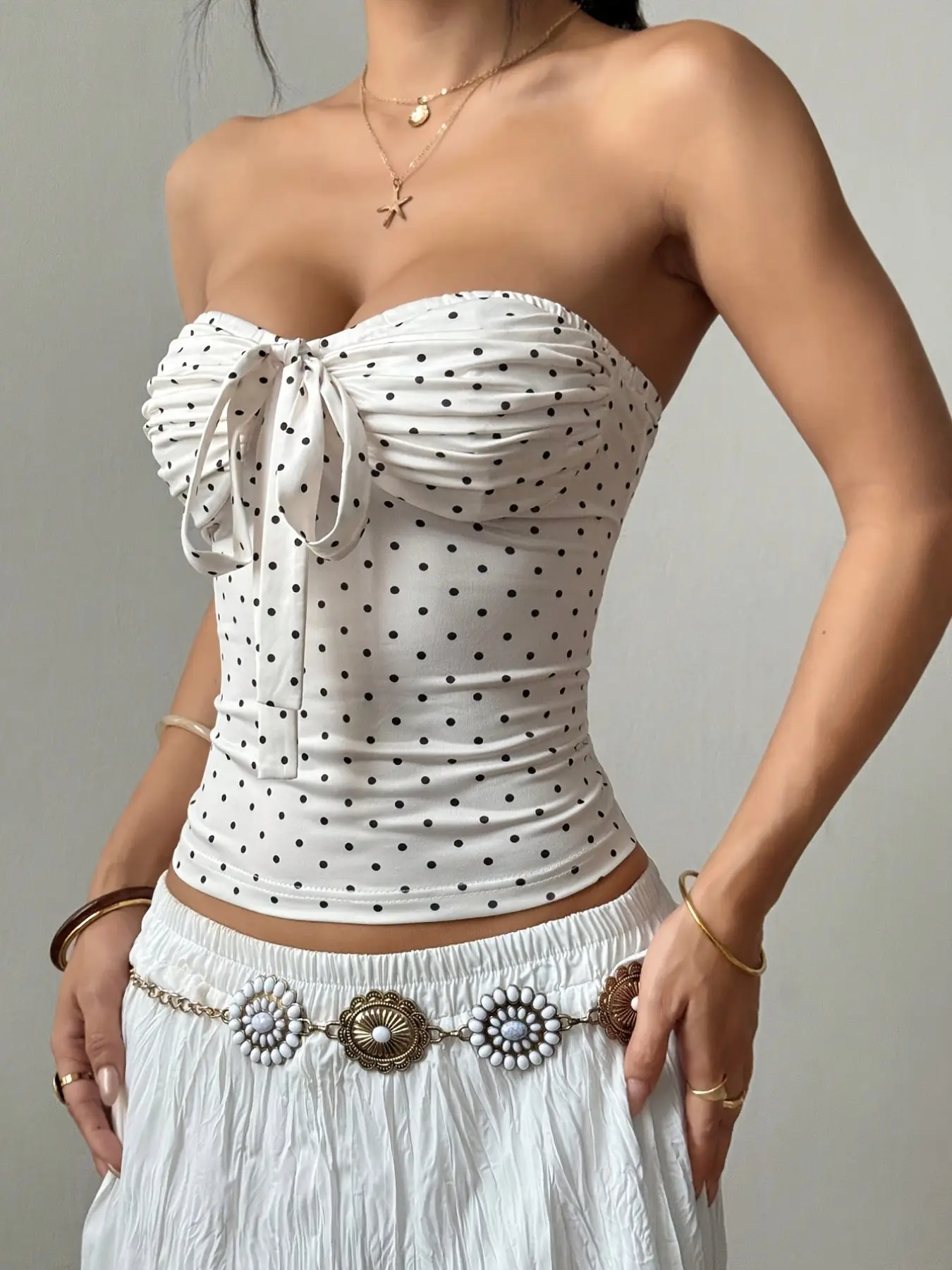 Women's Casual Comfy Classy Front Knot Polka Dot Print Short Top, Stylish Ladies' Fashion Blouse, Perfect for Daily Wear, Casual Chic
