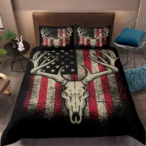 2/3 Pcs Flag & Deer Skull Print Duvet Cover Set, Vintage Hunting Camo Pattern Bedding Set, No Filling/Zipper Closure, Country Style Bedroom Decor for Teens and Adults, Decorative Duvet Cover, All Seasons