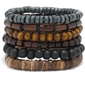 Mens Beaded Bracelets Tribal Wooden Elastic Adjustable Prayer Beads Wrap Cuff for Women