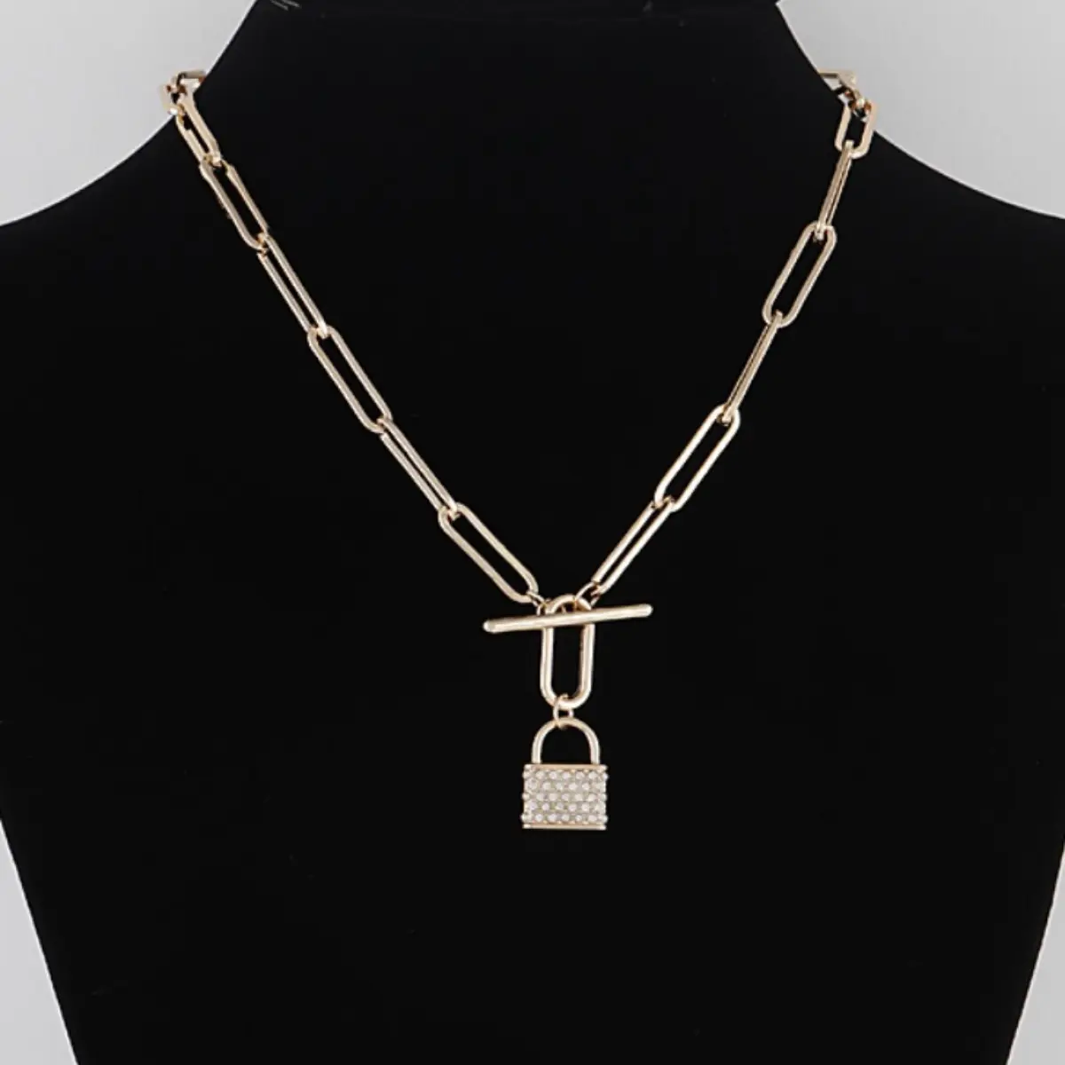 Elegant Toddler Rhinestone Accent Lock Toggle Necklace, 18in Chain & Link Design, Secure Closure, Delicate Bar, Casual Daily Costume Jewelry - FINAL SALE