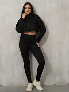 Comfortable Zip Up Cropped Loose Fitting Casual Sweater and Legging Set Top Womenswear Clothing Drawstring Clothing Drawstring