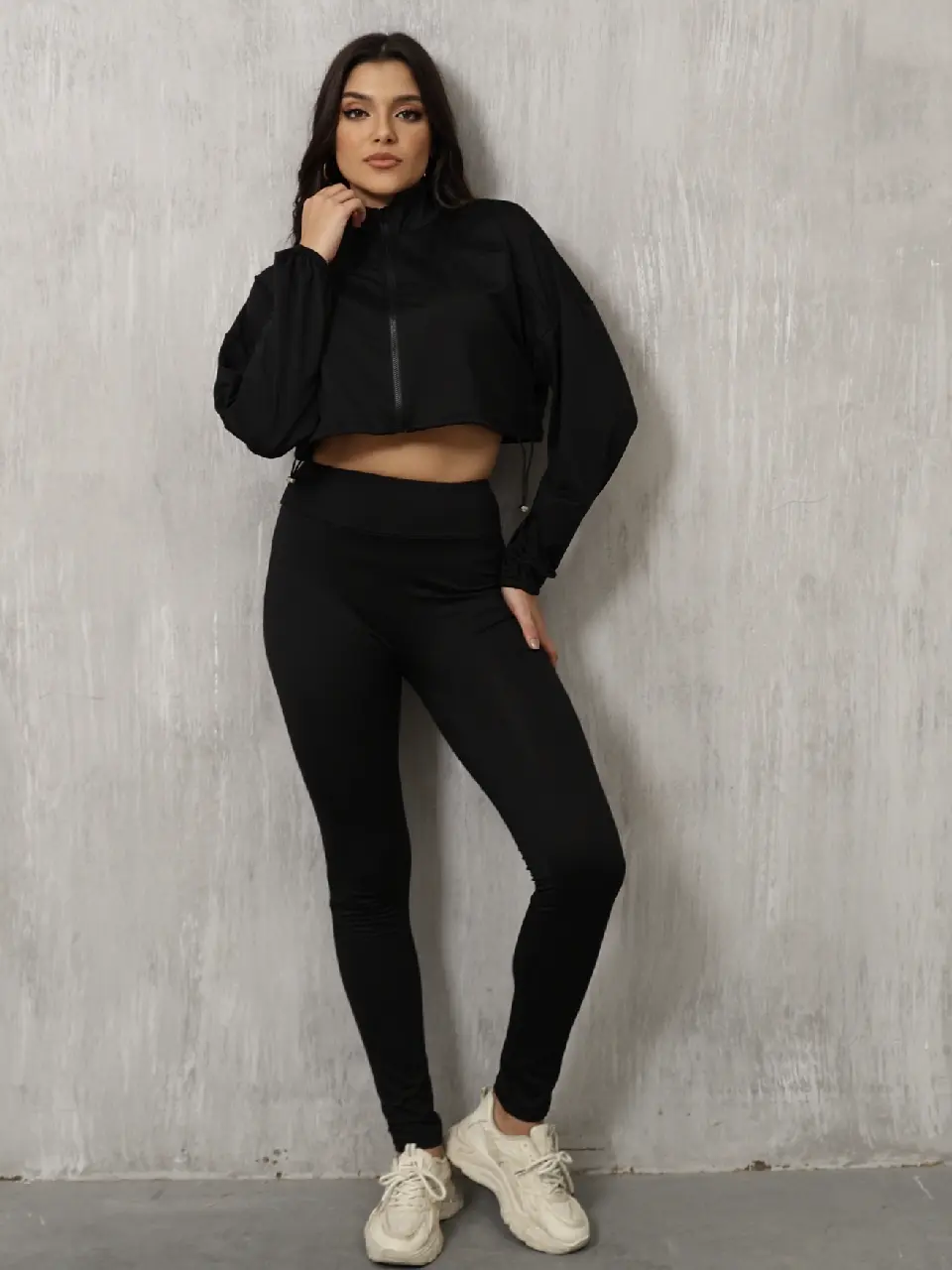 Comfortable Zip Up Cropped Loose Fitting Casual Sweater and Legging Set Top Womenswear Clothing Drawstring Clothing Drawstring