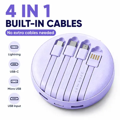 10000mAh Portable Power Bank with 4 Built-in Cables, LED Digital Battery Display, Compact Round Portable Charger with Lightning USB-C Micro USB Ports, Universal Phone Charger for iPhone Android Earbuds Smart Watches Travel Daily Use