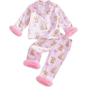 Little Kids Girls Pajamas Easter Toddler Baby Silk Satin Pjs Bunny Button Down Shirt Long Pants Sleepwear