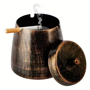 Elegant Windproof Iron Ashtray with Wood Grain Cover, Smoke-Free, Odorless, Portable Outdoor Design, No Need for Electricity