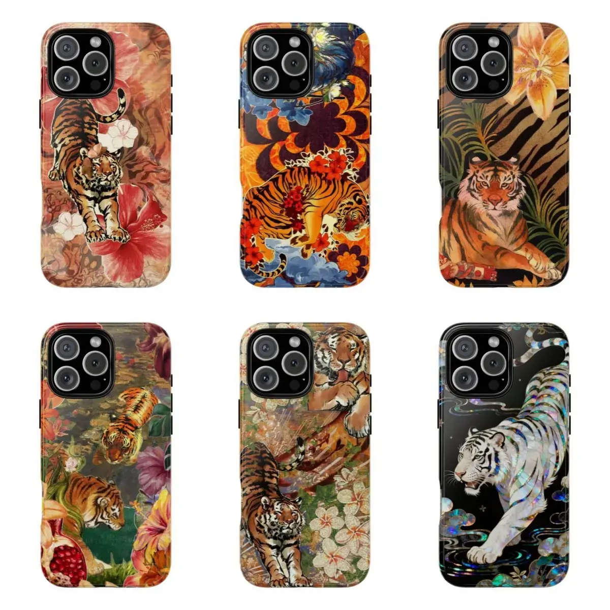 Classic Wild Tiger Case | Retro Tropical Hibiscus Pattern | Luxury Baroque Flower Art Cover | for iPhone 16/15/14/13/12/11/17 ProMax Plus for Samsung phones, suitable for both men and women,  Perfect Gift for Women Men.A gift for the fans