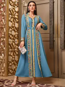 Women's Handmade Rhinestone Embroidered Long Sleeves Casual Fashion Fitted Womenswear Dress, Lake Blue Color, Perfect for Daily Wear & Special Occasions (1 Piece)