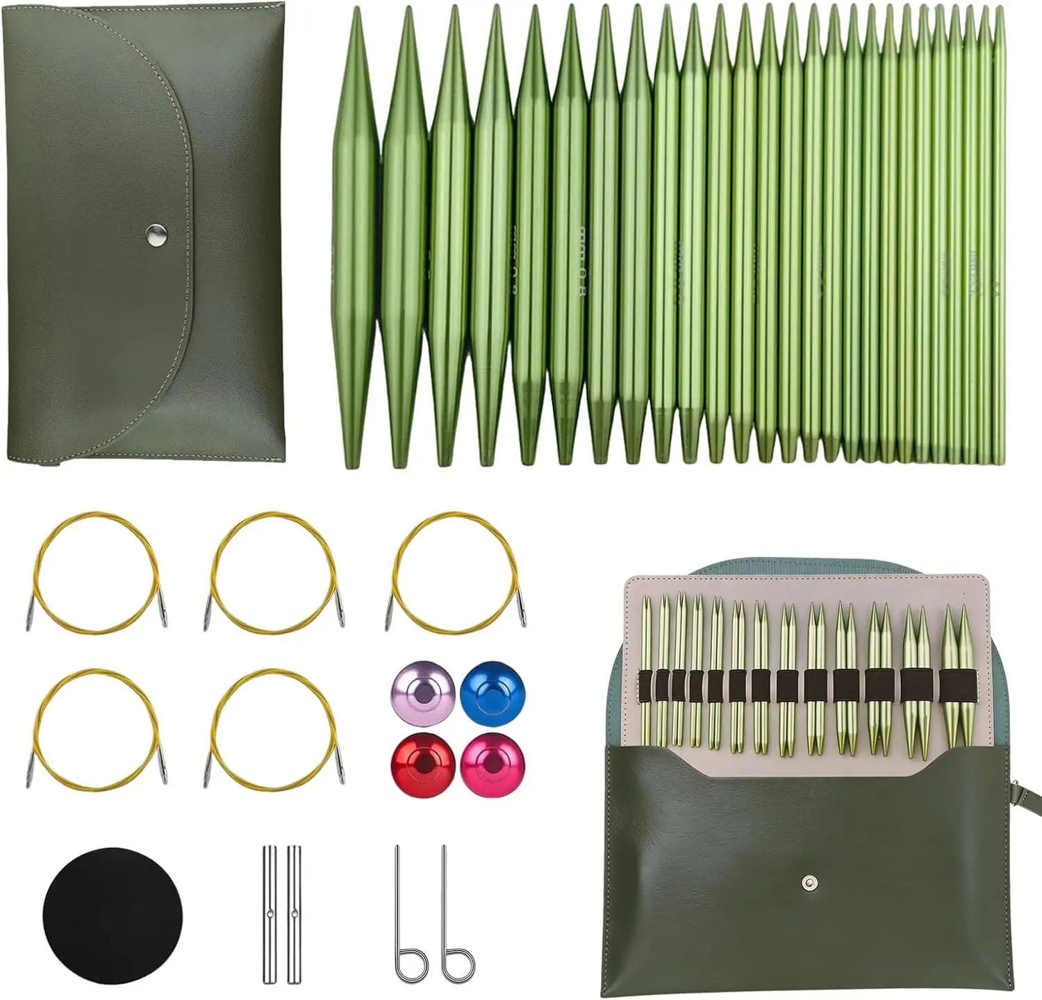 4-inch Knitting Needles Set, 13 Pairs Interchangeable Circular Knitting Needles Set Aluminum 3-10mm with 5 Cables, Knitting Accessories and Case, Green Gift