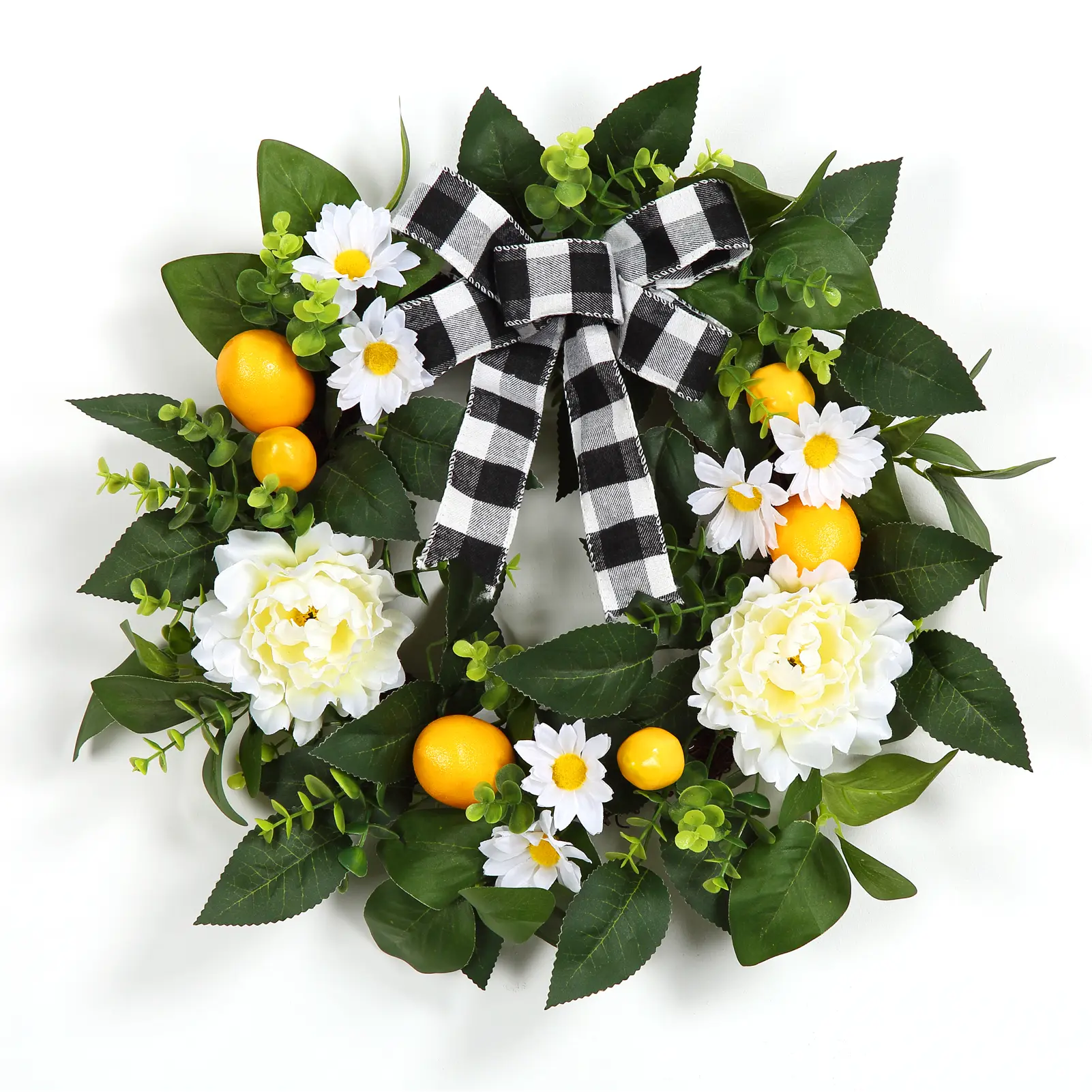 20-Inch Lifelike Artificial Lemon Wreath, Front Door Decoration with Peony & Greenery, Farmhouse Room Decor for Spring Summer, Gift for Housewarmings, Lifelike Look