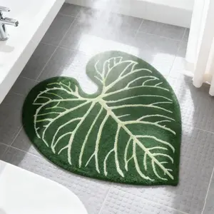 Bathroom rug, soft plush bathroom mat, green leaf shape area rug, irregular design absorbent bathroom rug comfortable bathroom mat suitable for bedroom, bathroom, interior decoration bathroom home comfortable floor mat