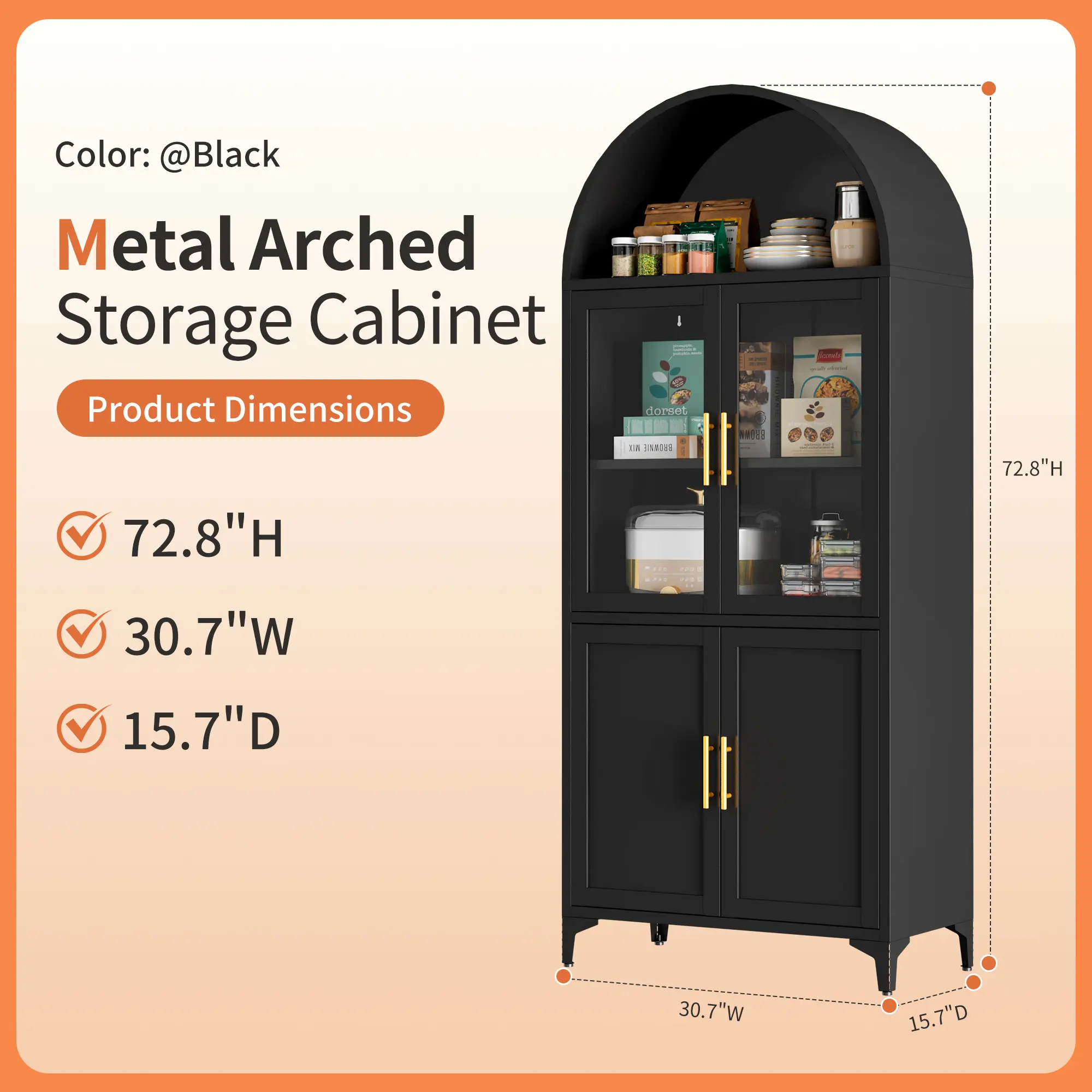 72.8"H Arch-Shape Carbon Steel Storage Cabinet with Tempered Glass Doors - High-Load Home Organizer for Kitchen/Pantry, Modern Homes (US Version)