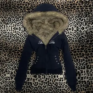 Y2K Harajuku Aesthetic Women's Fur Collar Hoodie Sexy Slim Chic Casual Solid Color Cardigan Sweatshirt Goth Punk Rock Streetwear