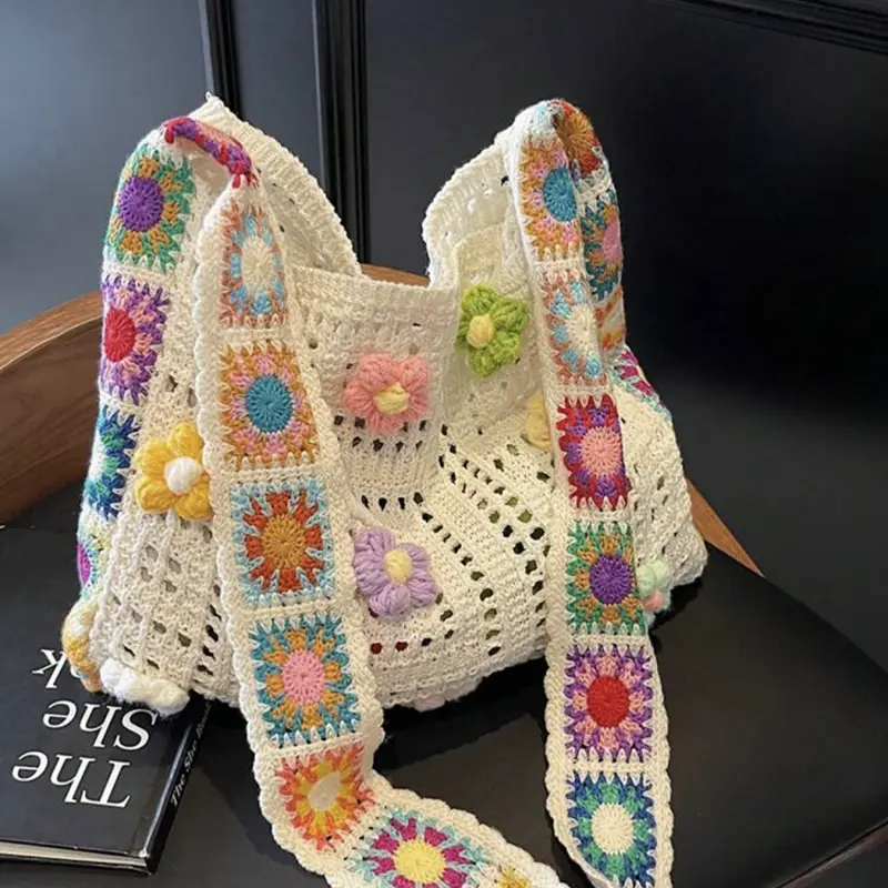 Retro Hollow-Out Floral Local Contrast Color Casual Crossbody Bag Casual Fashion Bag(The Color Position Of Flowers Is Random)