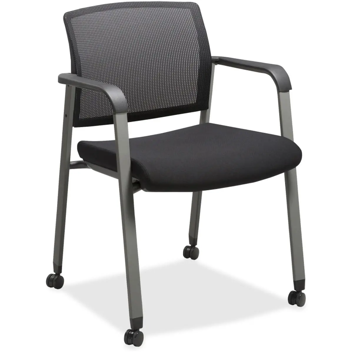 Black Fabric-Upholstered Square Conference Chairs, Nylon Fixed Arms, Contoured Ergonomic Support, 17-3/8" x 14" Mesh Back, Exhaust Vent, Casters - Ideal for Large Meeting Areas, Arm: Nylon