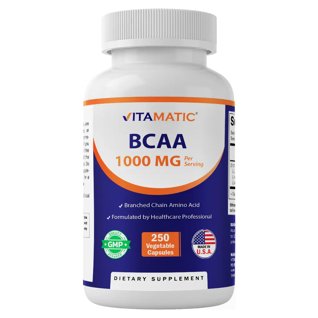 Vitamatic BCAA 1000 mg Per Serving (2:1:1) | 250 Veg Capsules | Branched Chain Amino Acid Supplement | Non-GMO | Made in USA Vitamatic BCAA 1000 mg Per Serving (2:1:1) | 250 Veg Capsules | Branched Chain Amino Acid Supplement | Non-GMO | Made in USA