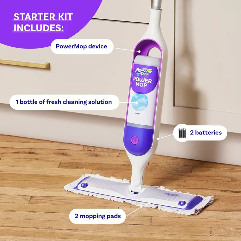 Swiffer PowerMop Multi-Surface Mop Kit for Floor Cleaning Includes PowerMop 2 Mopping Pad Refills Fresh Scented Solution & 2 Batteries
