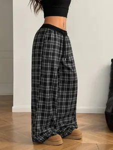 Women's Casual Lazy Plaid Patch Comfort Versatile Loose Sport Straight Pants with Elastic Adjustable Drawstring, Slanted Side Pockets, Suitable for Daily Wear at Home and Outdoors, Campus Graduation Return-to-School Trendy Pants, Four Seasons