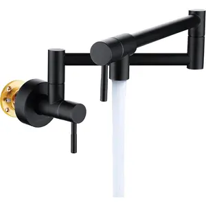 Matte Black Pot Filler, Pot Filler Faucet Wall Mount, Brass Folding Stretchable with Double Joint Swing Arm Single Hole Two Handles Kitchen Restaurant