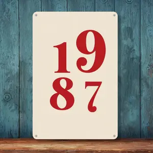 8*12in Minimalist Cream Red 1987 Birth Year Number Metal Tin Sign UV Printed High Definition Simple Vintage Wall Decor, Clean Numeral Iron Plaque for Bedroom Office Home Decor, Custom Collectible Sign