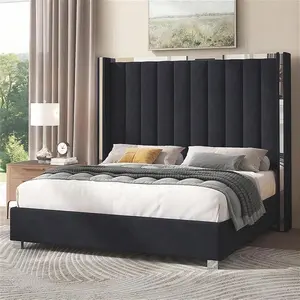 Velvet Upholstered Bed Frame With 58" Tall Channel Tufted Wingback Headboard And Plating Trim – Platform Design, No Box Spring Required