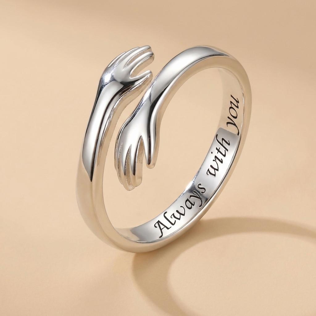 Hug Hands Adjustable Ring S925 Sterling Silver Open Ring “Always With You” Engraved Couple Gift for Women