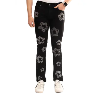 NOVASTILE Men's Rhinestone Embellished Jeans Straight Leg Stretch Denim Pants Streetwear M3