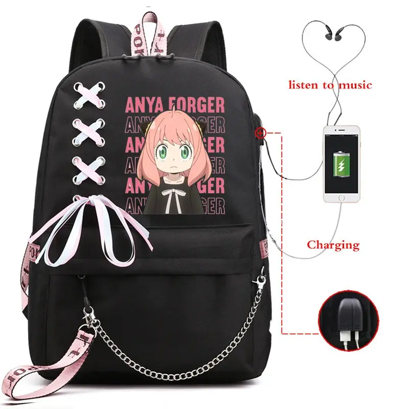 Women's Spy x Family Cute Ribbon Chain Anime Backpack, Large-Capacity USB Charging Laptop Rucksack with Earphone Jack for Girls