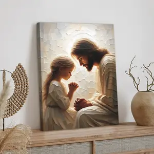 1pc Wooden Framed, Her Little Prayer Poster, Jesus and Little Girl Praying LDS Art Print, Jesus with Children Painting, Christian Wall Art Canvas, Bible Wall Pictures, For Bathroom, Bedroom, Office, Living Room, Home Decor Ideas, Aesthetic Wall Decor
