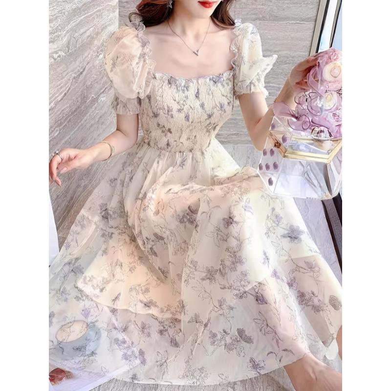 Women'S Mid Length Floral Dress With Fashionable Waist, Slim Square Collar, Cute Bubble Sleeves, High Waisted Skirt For Spring And Summer Women's Elegant Loose Midi Flowery Backless Mini white  dress  girl
