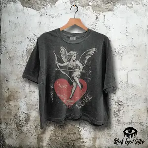 Vintage Heart Cherub Love Shirt - Large Graphic Cropped T-shirt Womens Comfort Colors Boxy Crop Tee In Pepper - Valentine's Day