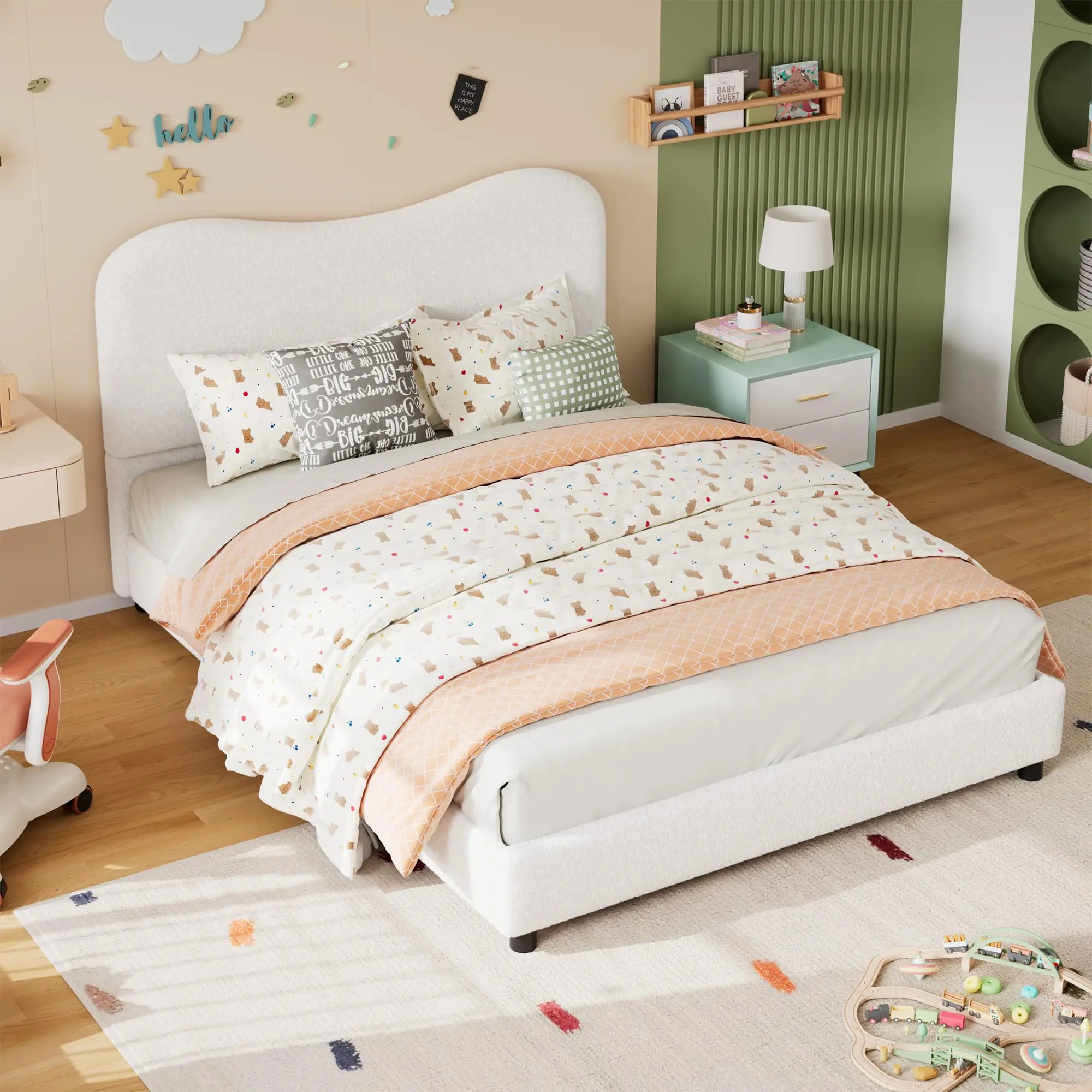 White Plush Upholstered Twin Cloud Bed Frame for Kids, Comfortable Velvet Headboard, Low Profile Platform Bed, No Box Spring Needed, Strong Wooden Slats, Noise-Free, Easy Assembly Required