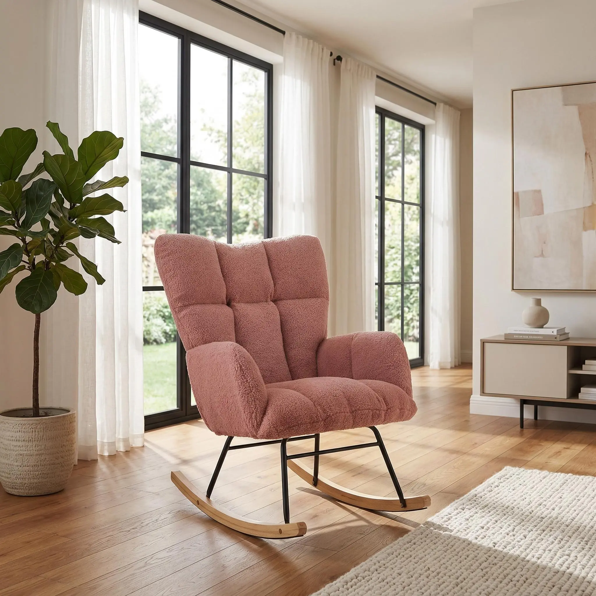Homy Casa Teddy Rocking Chair, Upholstered Glider Chair with High Back & Armrests, Cozy Accent Chair for Living Room or Nursery, Holiday Gift Idea
