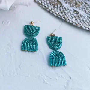 Teal Seed Bead Arch Earrings, Turquoise Geometric Dangle Earrings