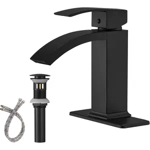 Matte Black Bathroom Sink Faucet, Waterfall Bathroom Faucets,1 Hole Single Handle Brass Modern Commercial Bathroom Basin Tap with Pop Up Drain and  Line