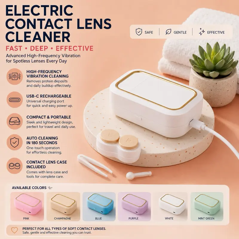 Electric Contact Lens Cleaner - Fast Deep Effective with High-Frequency Vibration USB-C Rechargeable Compact Portable Auto Cleaning in 180 Seconds